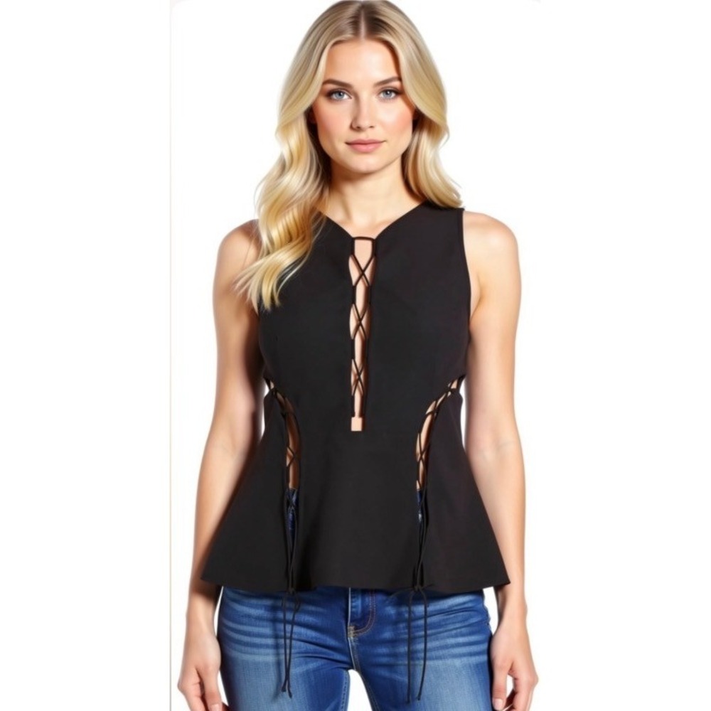 Kendall And Kylie Black Top Sleeveless lace up peplum Size Large